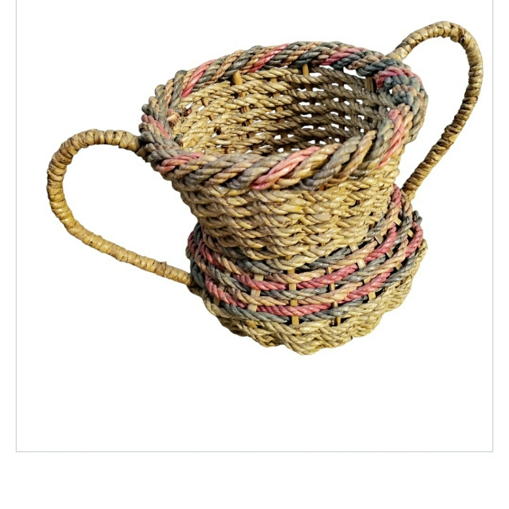 Vintage Woven African straw Basket Double Handles